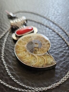 Silver Nautilus Shell Pendant Necklace with Coral Colored Accent - Yellow & Red